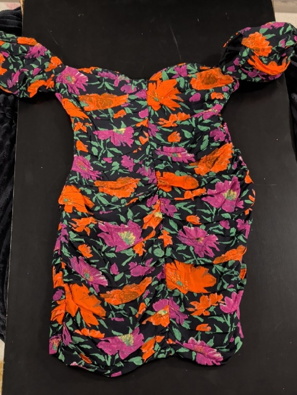 Zara Black Floral Off-Shoulder Mini Dress - Orange & Magenta Flowers - Picture 3 of 3